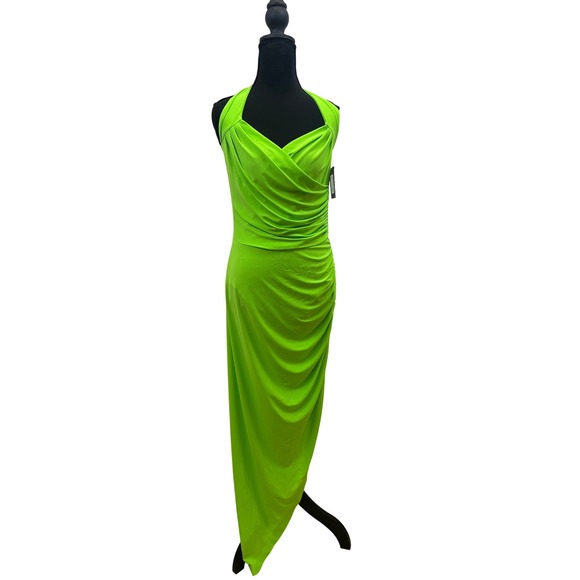 $250 NORMA KAMALI Diana Draped Neon Green Halter Dress XL/42 NWT - Picture 4 of 11